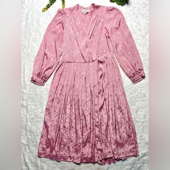 In The Mood Vintage 80s 1980s Long Sleeve Faux Wrap  Midi Dress in Pink 6 - Picture 1 of 14
